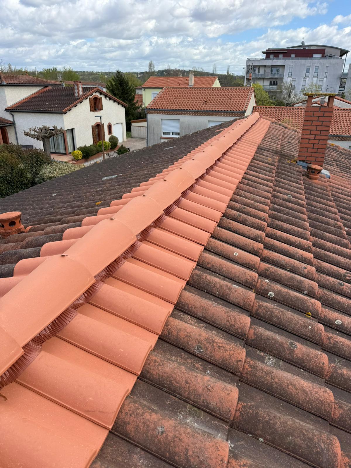 Faîtage neuf orange vs reste de toiture envahie de mousses